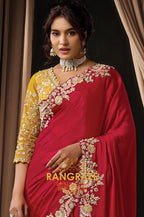 Red Satin Silk Multi-Thread Embroidered Saree with Designer Blouse