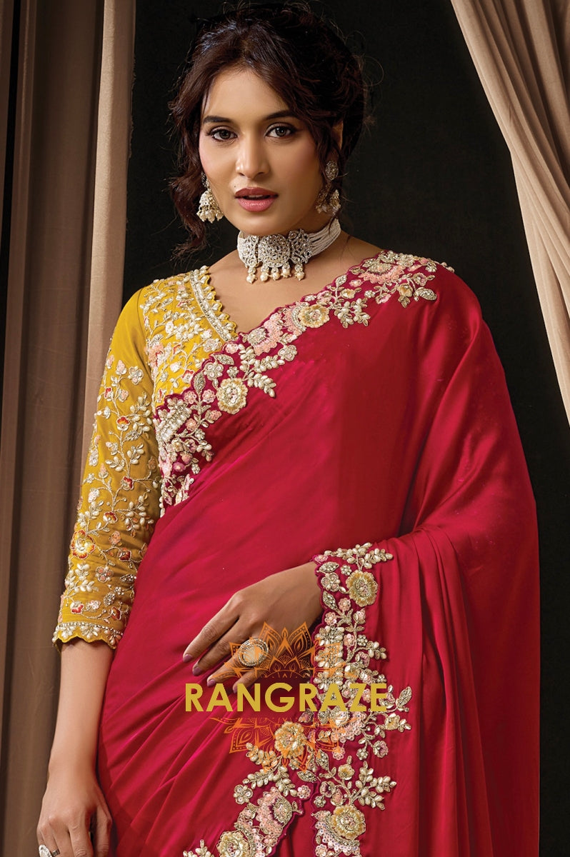 Red Satin Silk Multi-Thread Embroidered Saree with Designer Blouse
