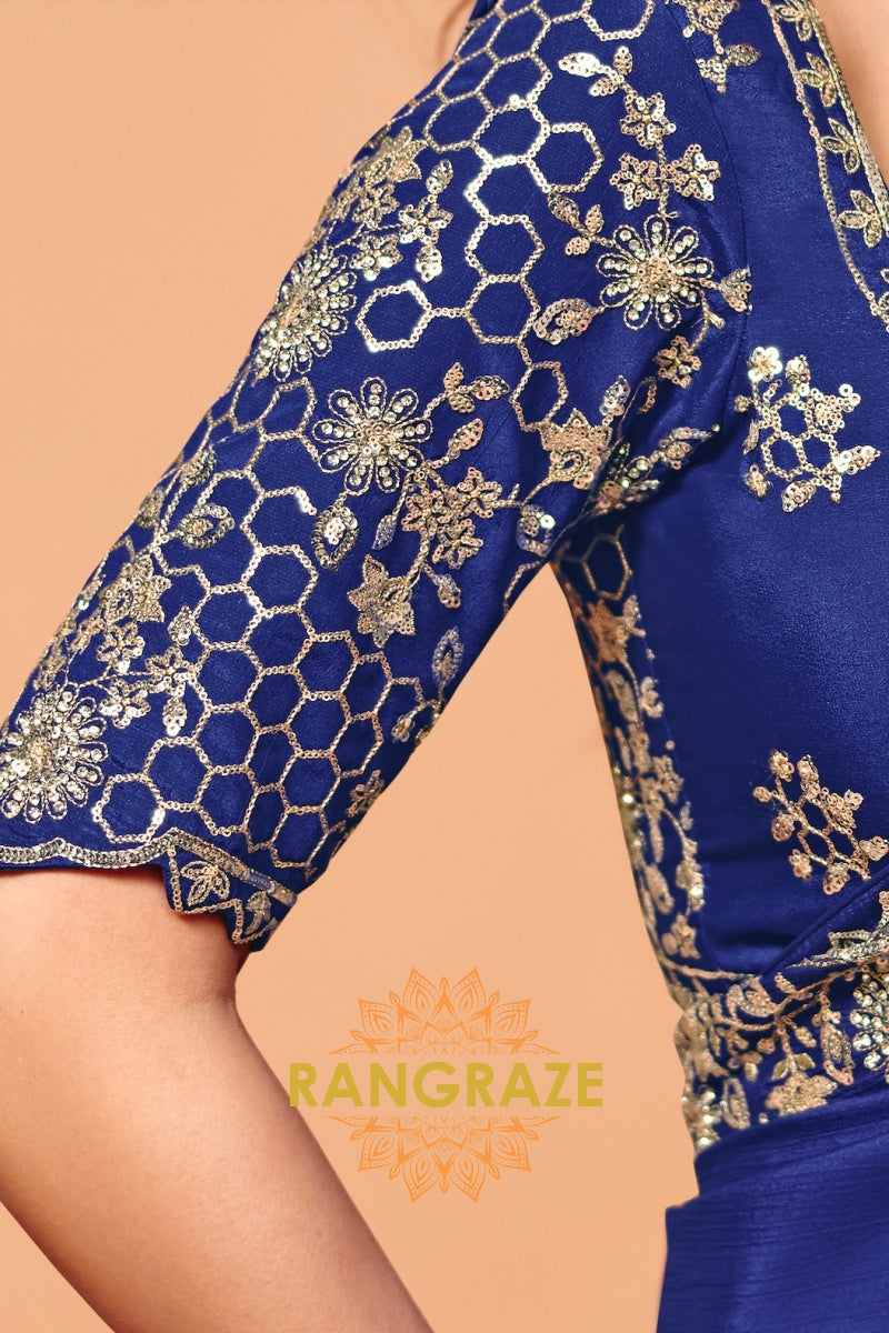 Royal Blue Premium Satin Embroidered Saree with Contrast Blouse