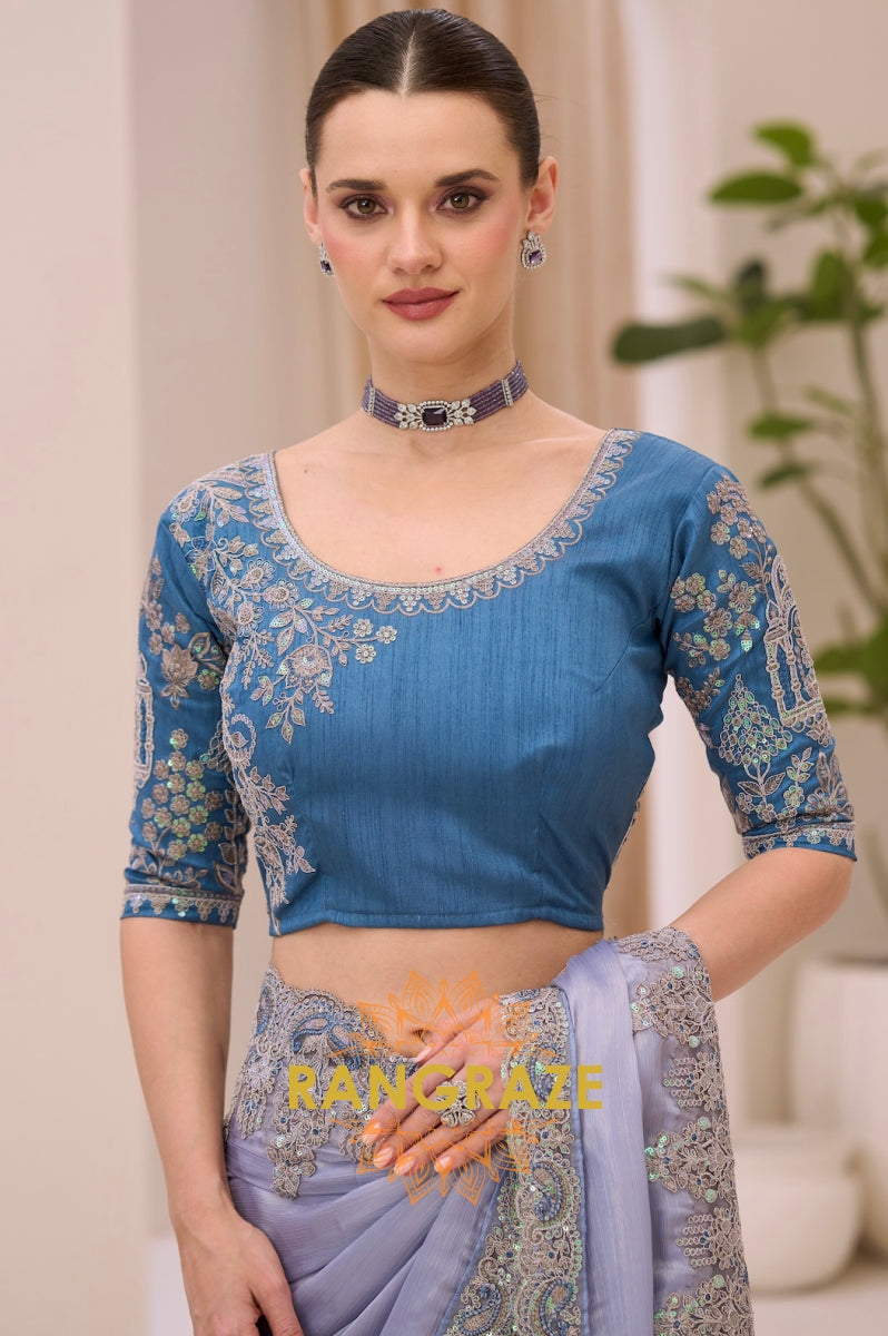 Ice Blue Shimmer Satin Silk Embroidered Saree with Designer Blouse
