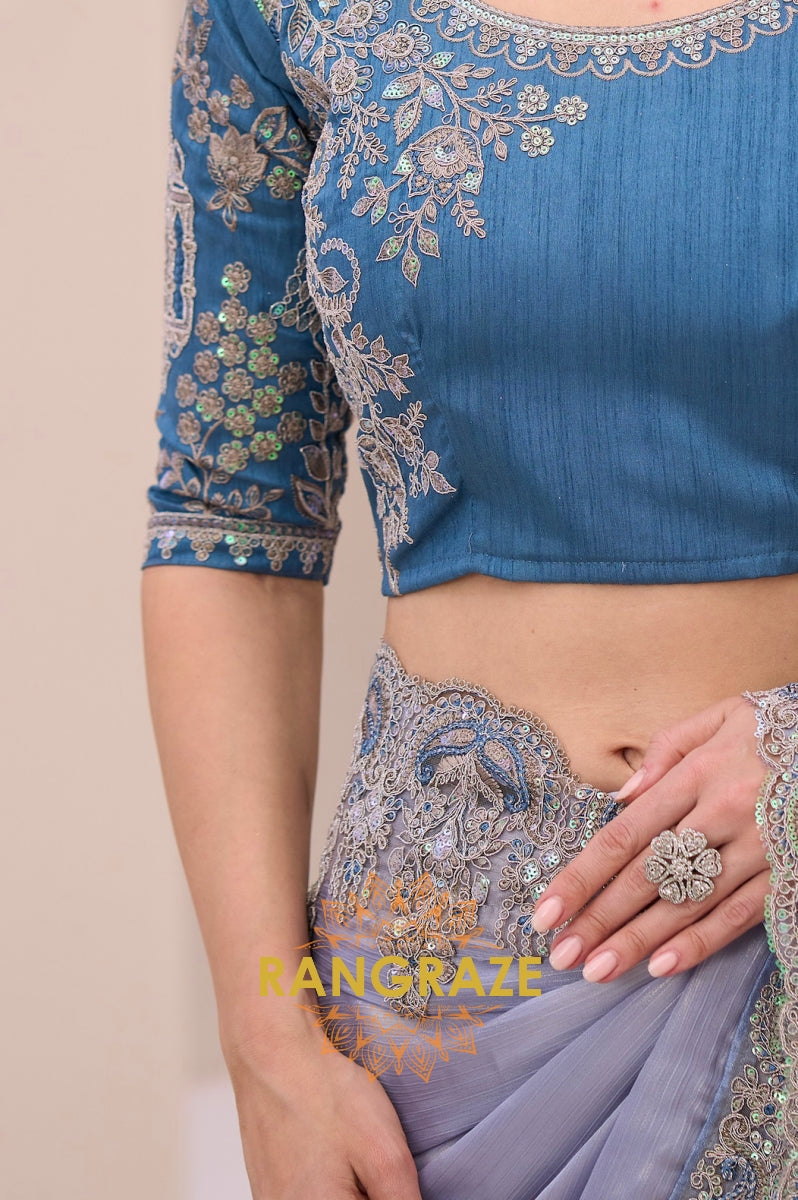Ice Blue Shimmer Satin Silk Embroidered Saree with Designer Blouse