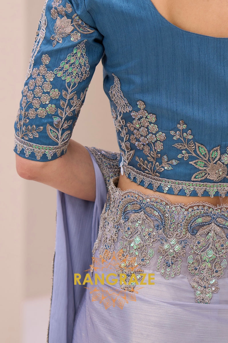 Ice Blue Shimmer Satin Silk Embroidered Saree with Designer Blouse