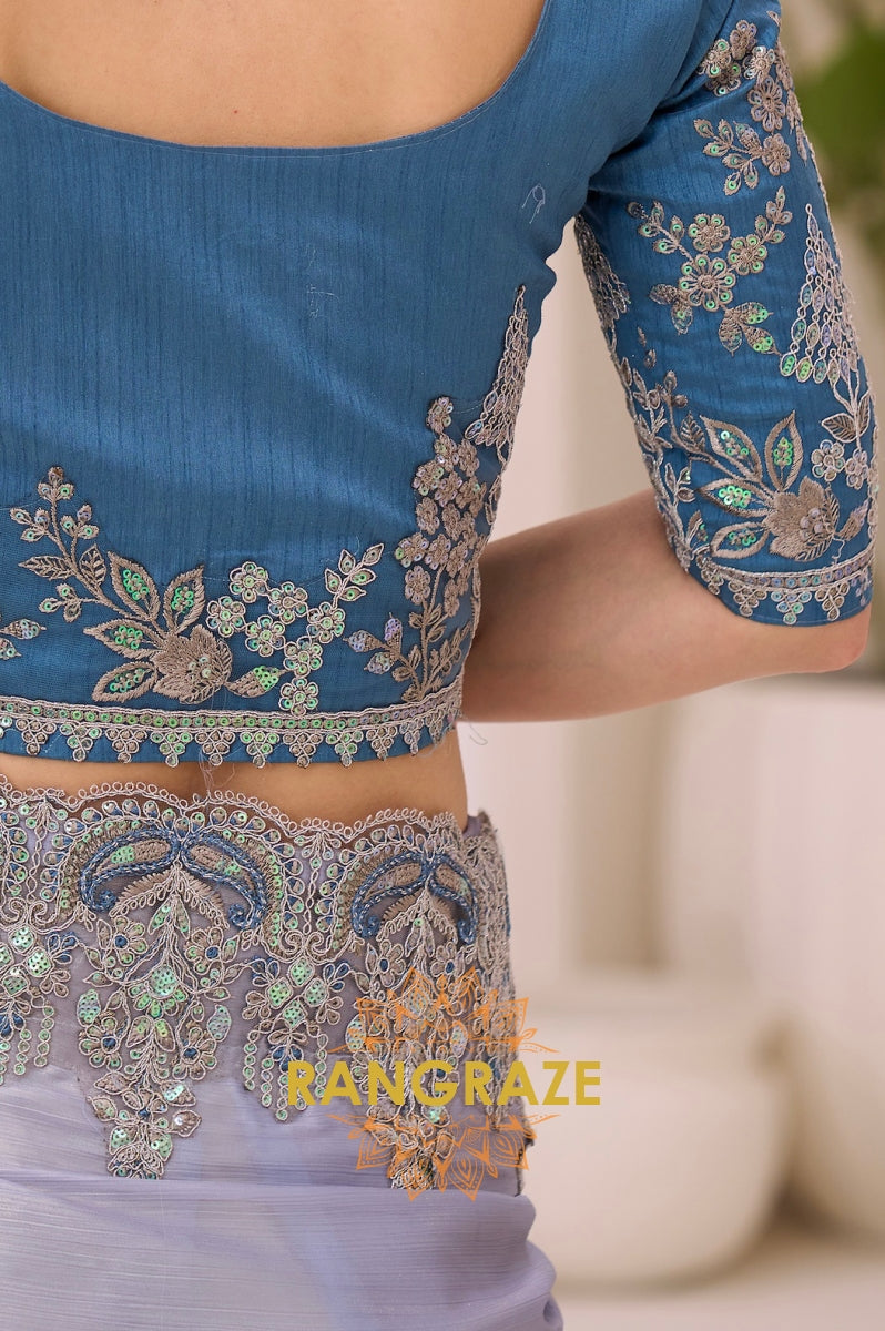 Ice Blue Shimmer Satin Silk Embroidered Saree with Designer Blouse