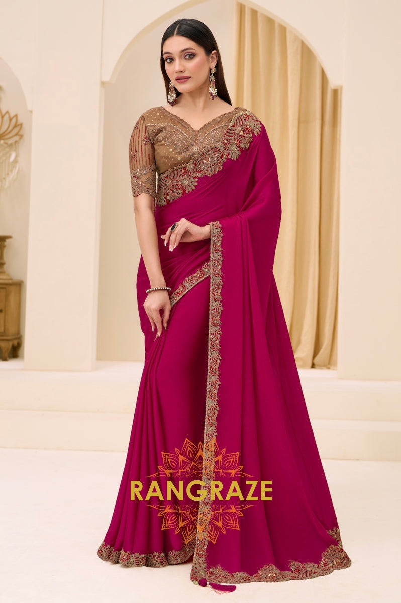 Magenta Premium Georgette Satin Silk Embroidered Saree with Designer Blouse