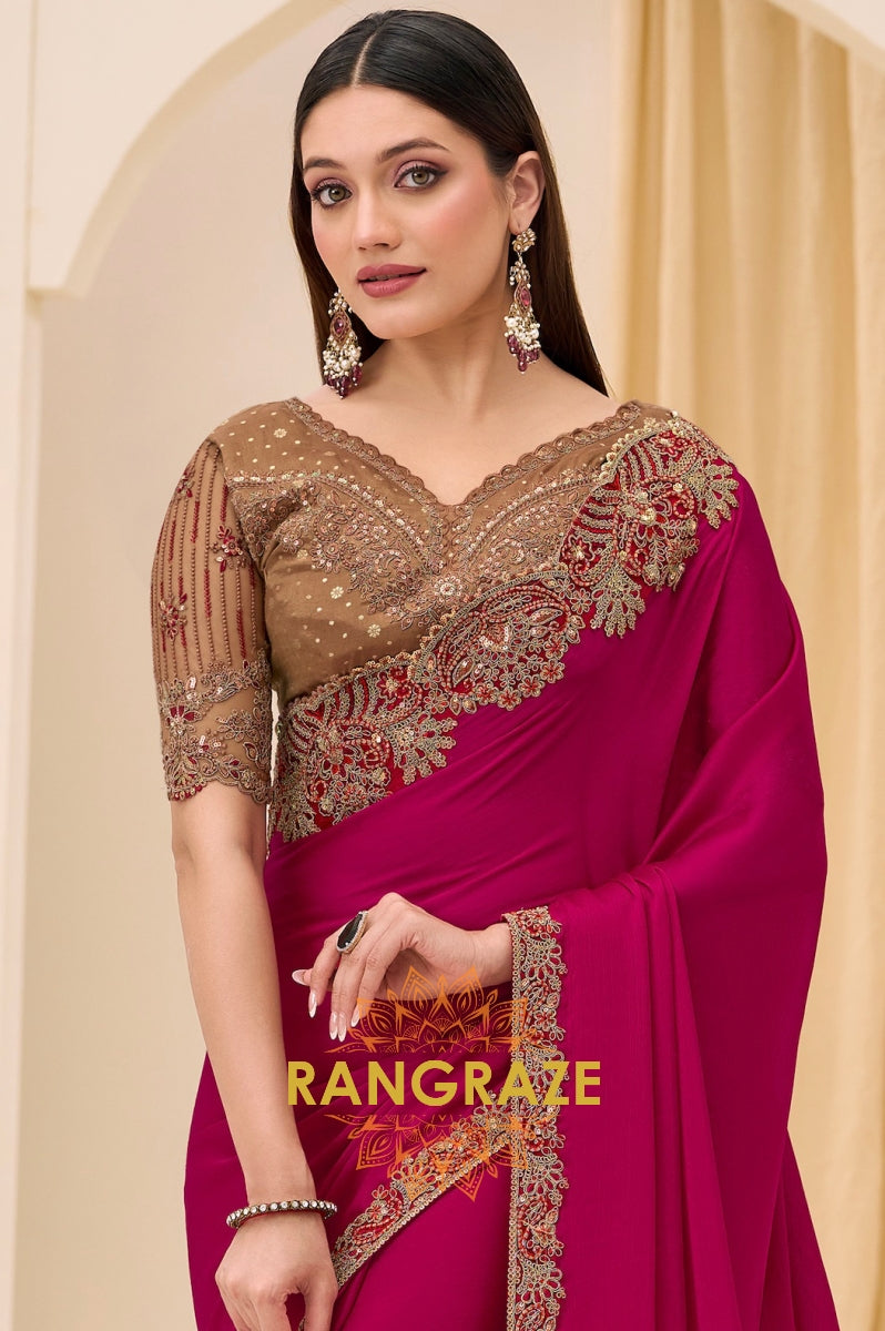 Magenta Premium Georgette Satin Silk Embroidered Saree with Designer Blouse