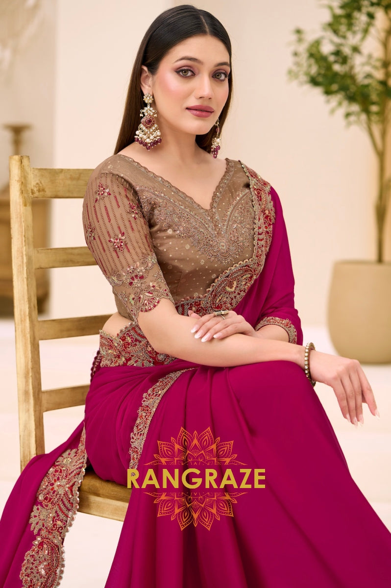 Magenta Premium Georgette Satin Silk Embroidered Saree with Designer Blouse