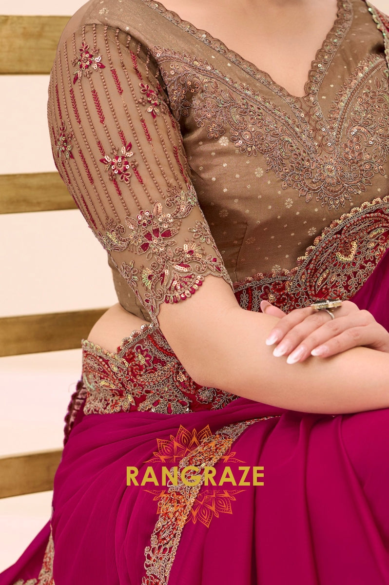 Magenta Premium Georgette Satin Silk Embroidered Saree with Designer Blouse