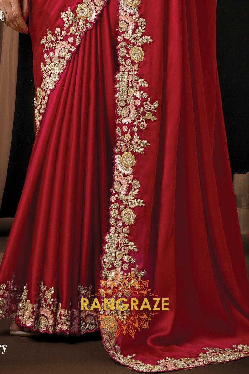 Red Satin Silk Multi-Thread Embroidered Saree with Designer Blouse
