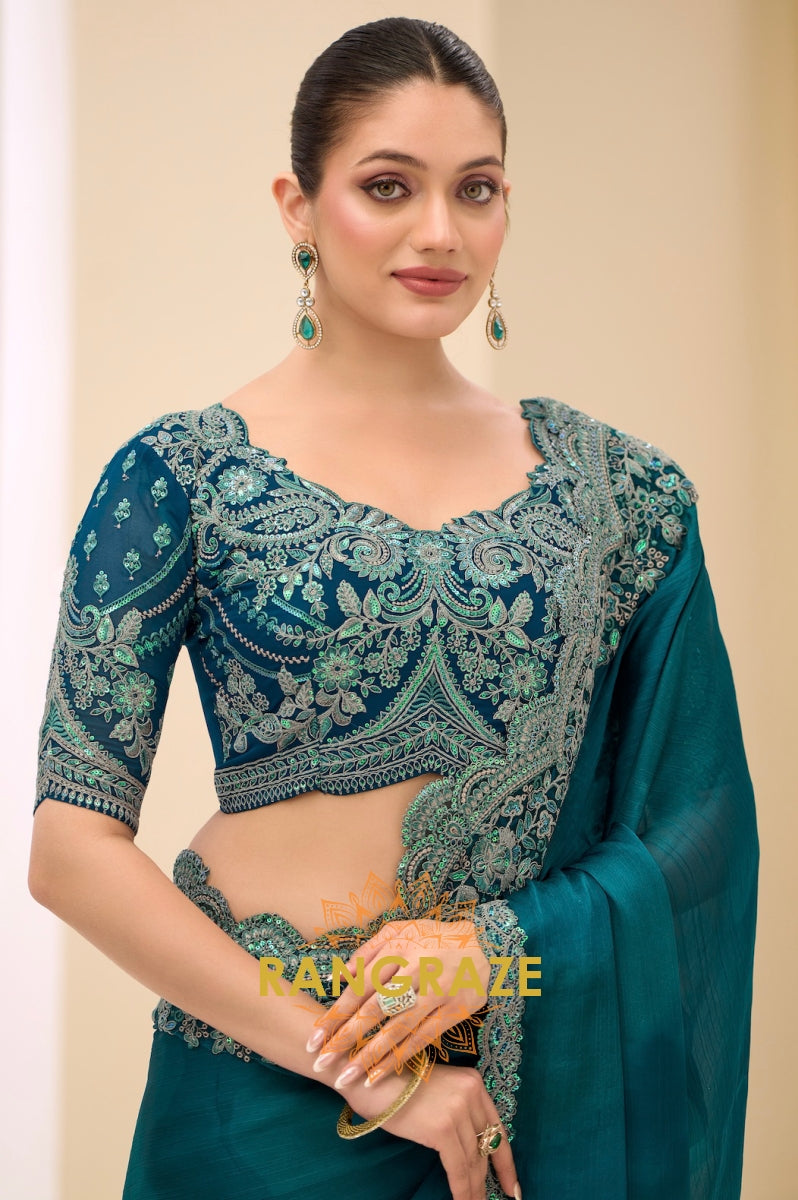Teal Green Satin Chiffon Embroidery Saree with Designer Blouse