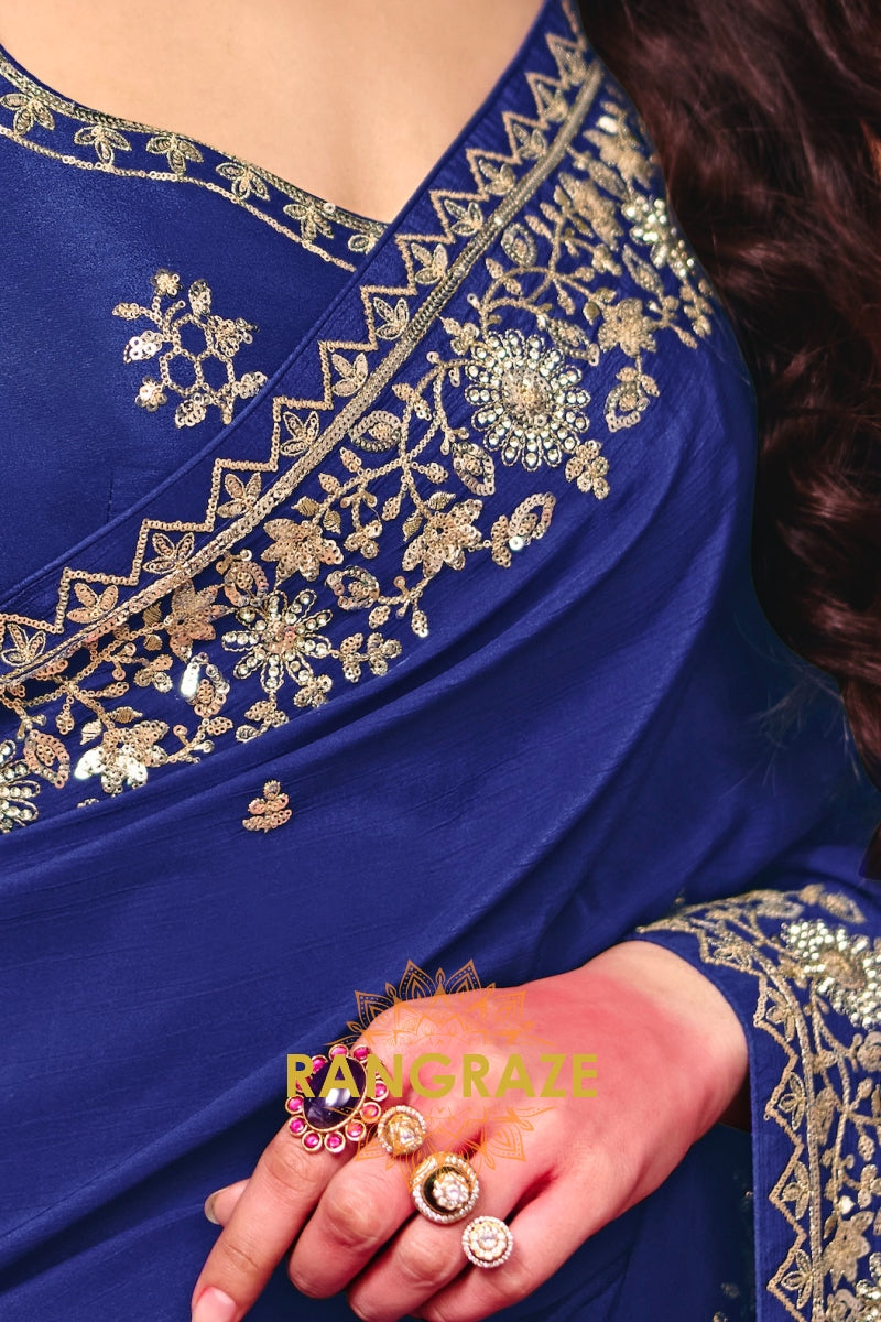 Royal Blue Premium Satin Embroidered Saree with Contrast Blouse