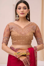 Magenta Premium Georgette Satin Silk Embroidered Saree with Designer Blouse