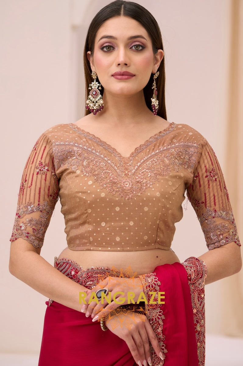 Magenta Premium Georgette Satin Silk Embroidered Saree with Designer Blouse