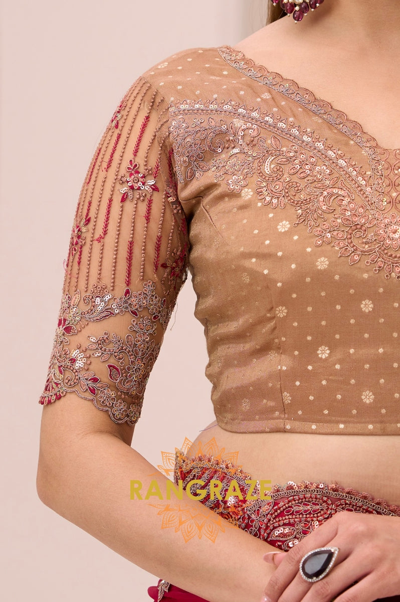 Magenta Premium Georgette Satin Silk Embroidered Saree with Designer Blouse