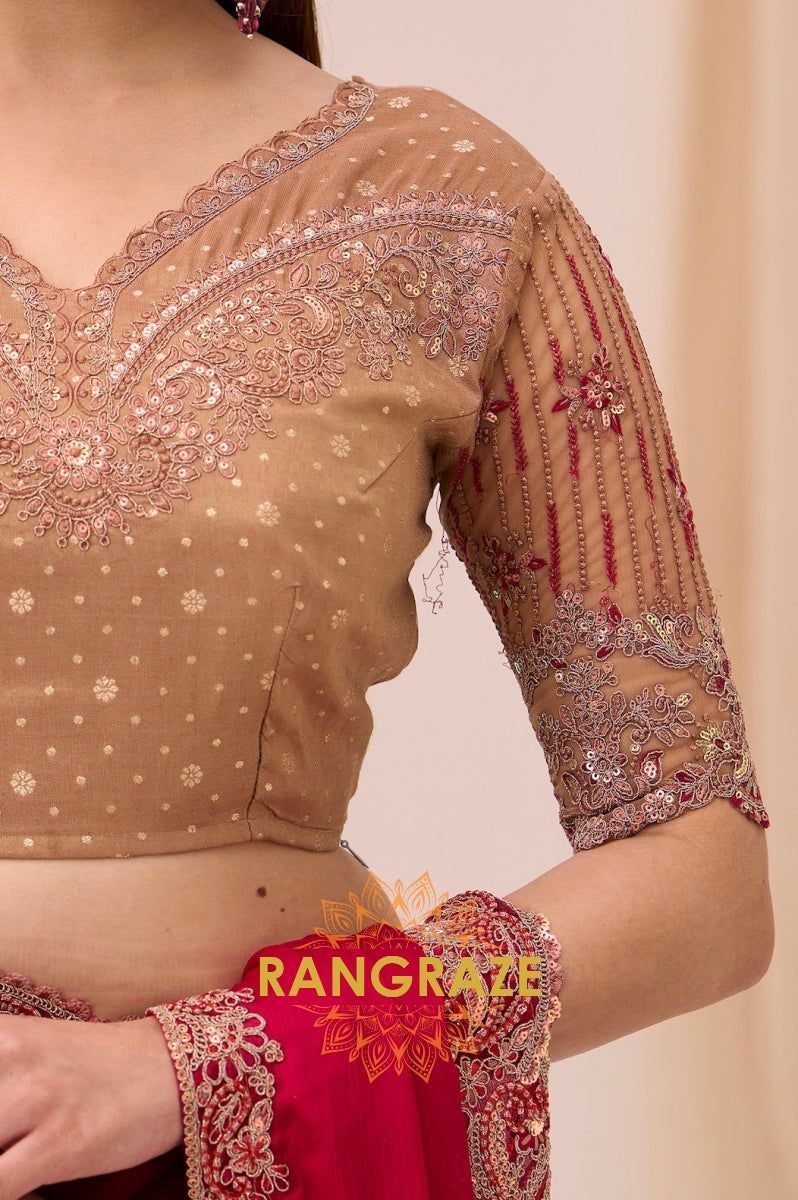 Magenta Premium Georgette Satin Silk Embroidered Saree with Designer Blouse