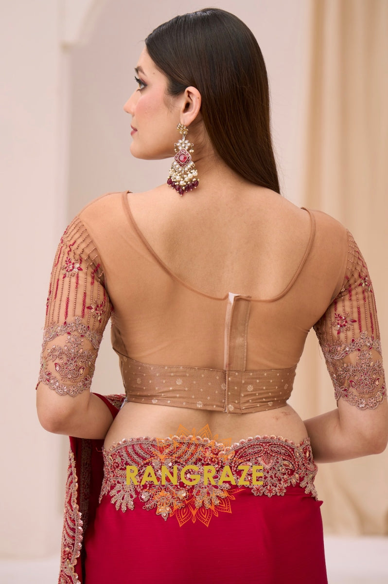Magenta Premium Georgette Satin Silk Embroidered Saree with Designer Blouse