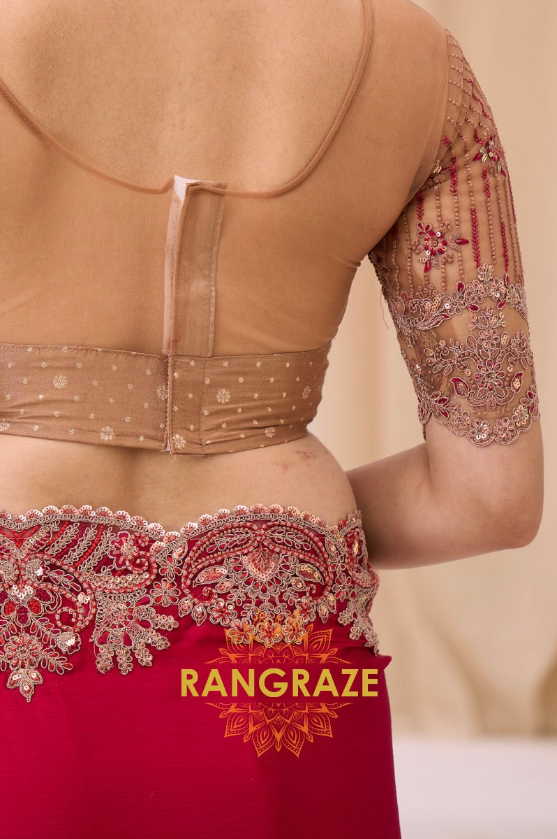 Magenta Premium Georgette Satin Silk Embroidered Saree with Designer Blouse