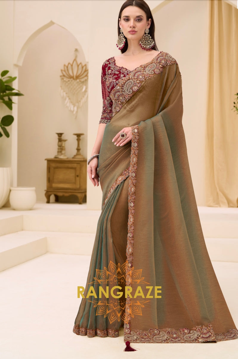 Dual Shade Olive Premium Georgette Tissue Embroidered Saree with Designer Blouse