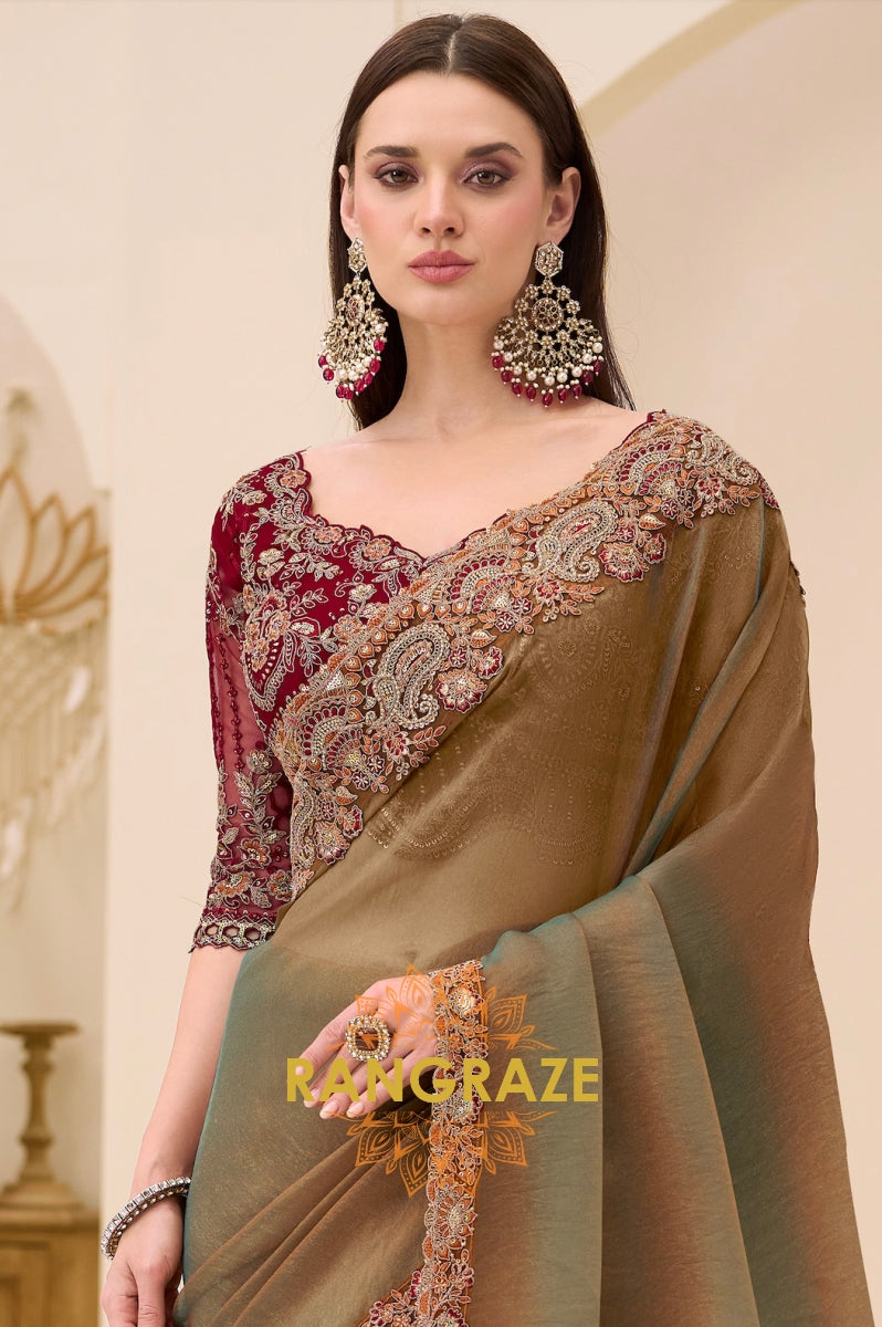 Dual Shade Olive Premium Georgette Tissue Embroidered Saree with Designer Blouse