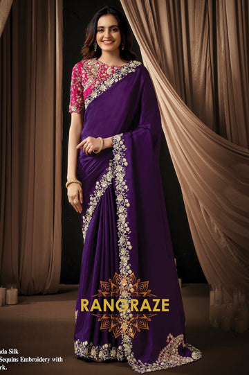 Purple Satin Silk Sequin Embroidered Saree with Contrast Designer Blouse
