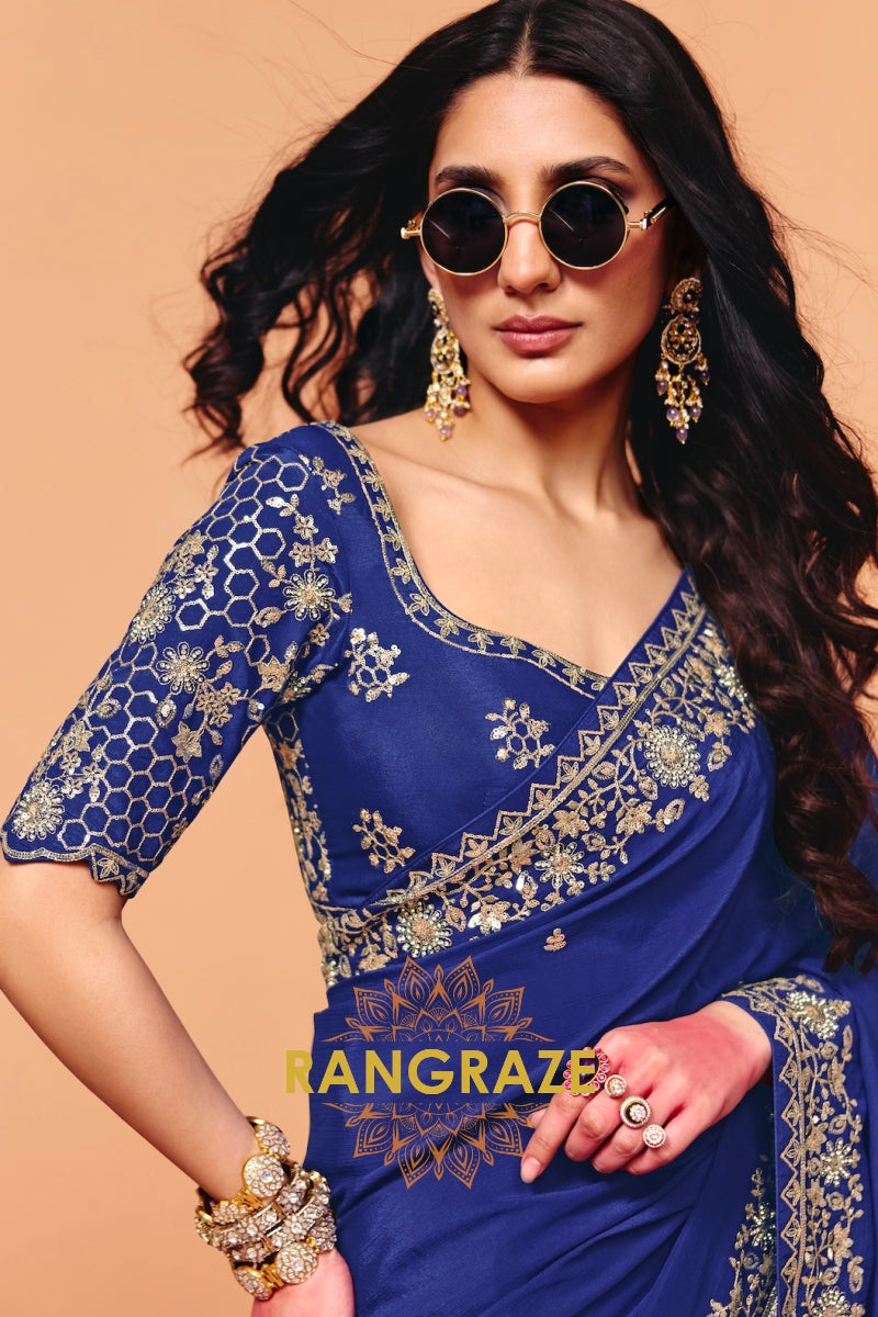 Royal Blue Premium Satin Embroidered Saree with Contrast Blouse