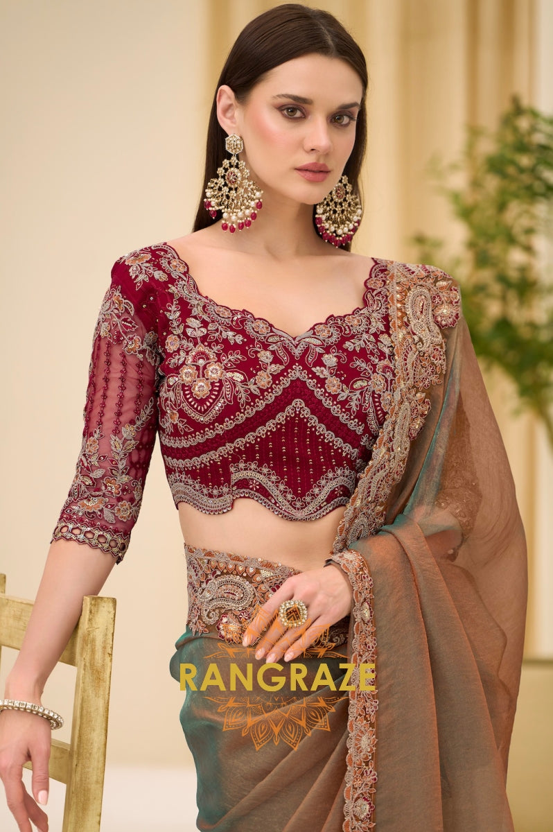 Dual Shade Olive Premium Georgette Tissue Embroidered Saree with Designer Blouse