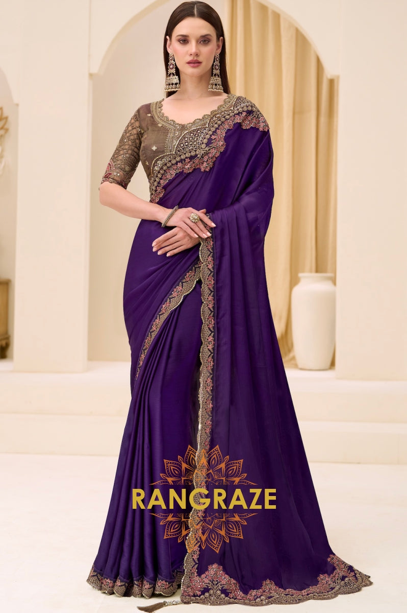 Royal Purple Satin Chiffon Silk Embroidered Saree with Designer Blouse