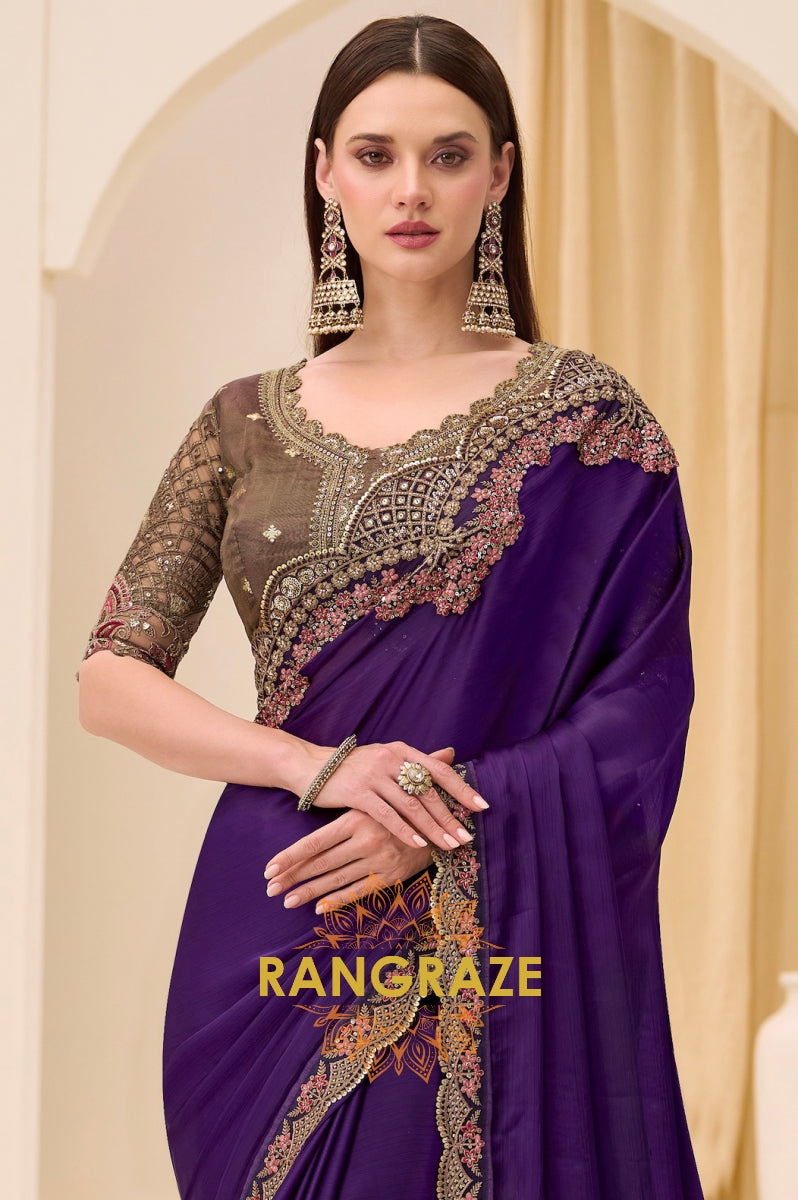 Royal Purple Satin Chiffon Silk Embroidered Saree with Designer Blouse