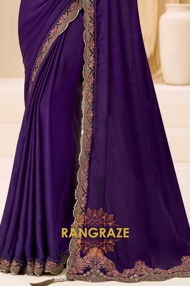 Royal Purple Satin Chiffon Silk Embroidered Saree with Designer Blouse