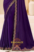 Royal Purple Satin Chiffon Silk Embroidered Saree with Designer Blouse
