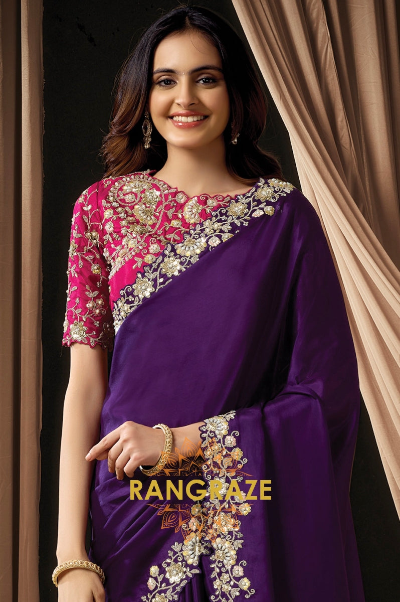 Purple Satin Silk Sequin Embroidered Saree with Contrast Designer Blouse