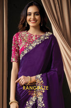 Purple Satin Silk Sequin Embroidered Saree with Contrast Designer Blouse