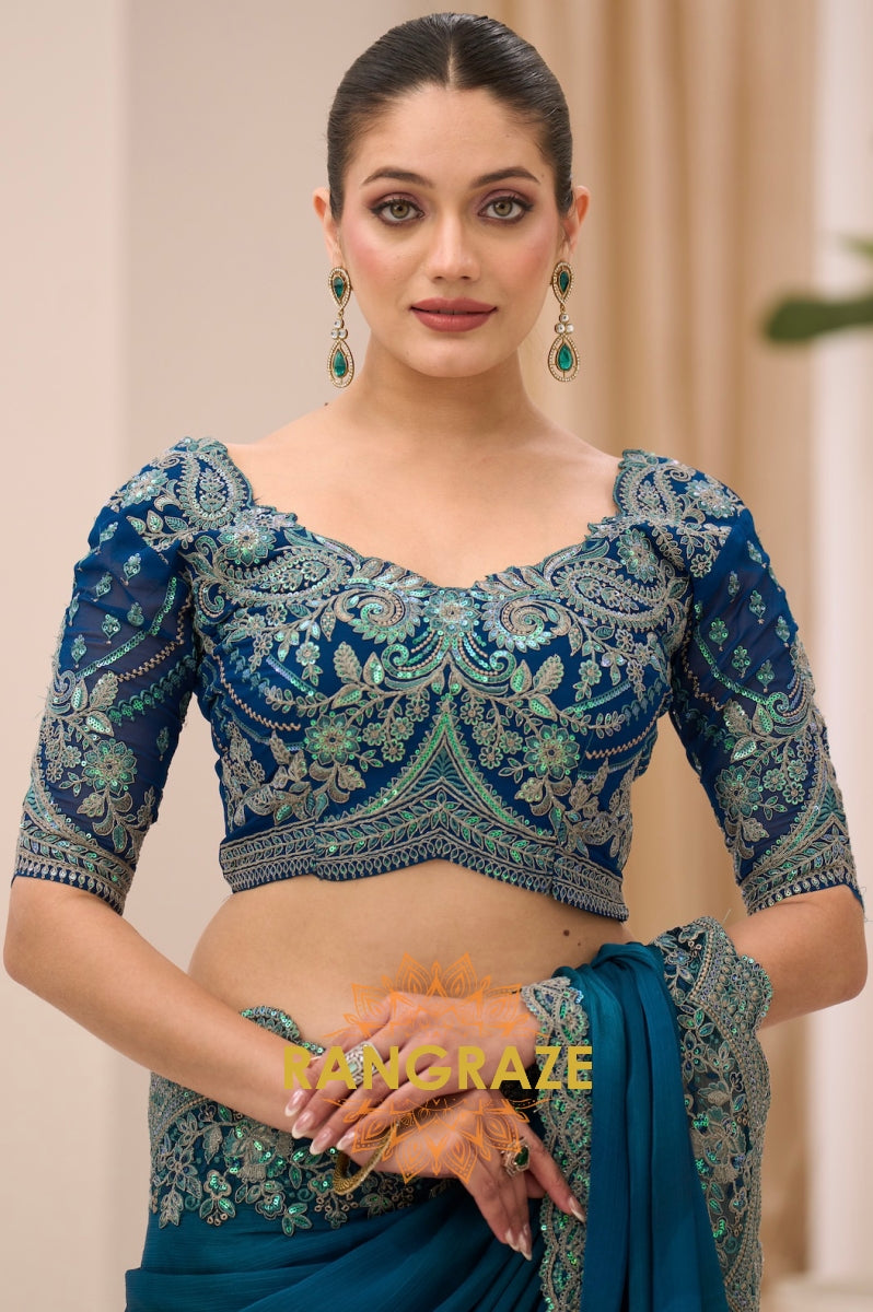 Teal Green Satin Chiffon Embroidery Saree with Designer Blouse