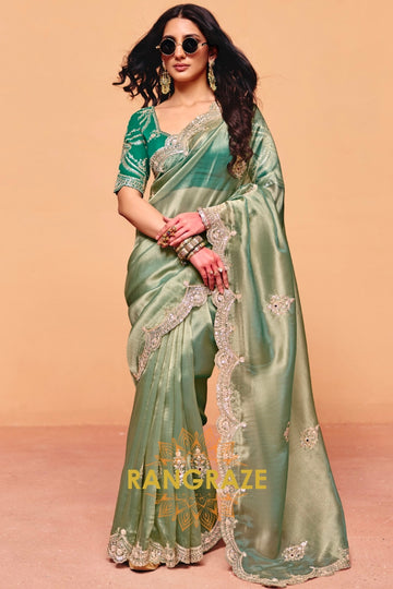 Sage Green Organza Satin Embroidered Saree with Contrast Blouse