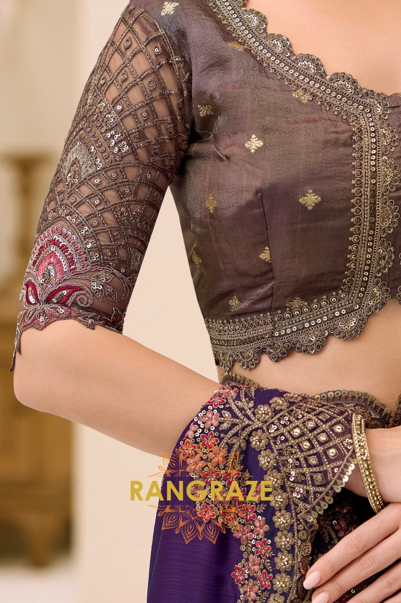 Royal Purple Satin Chiffon Silk Embroidered Saree with Designer Blouse