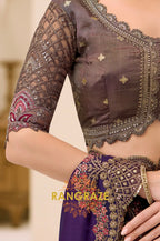 Royal Purple Satin Chiffon Silk Embroidered Saree with Designer Blouse
