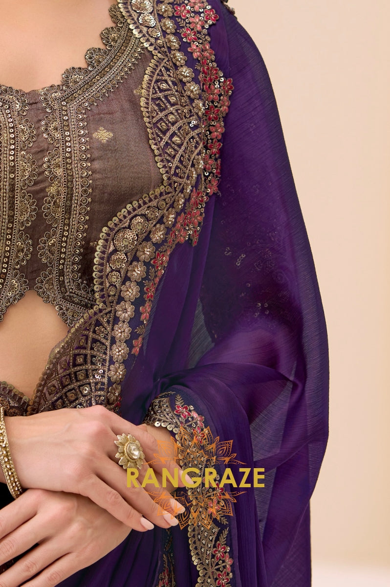 Royal Purple Satin Chiffon Silk Embroidered Saree with Designer Blouse
