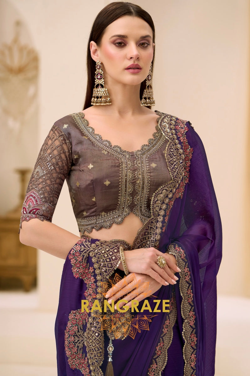 Royal Purple Satin Chiffon Silk Embroidered Saree with Designer Blouse