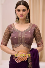 Royal Purple Satin Chiffon Silk Embroidered Saree with Designer Blouse