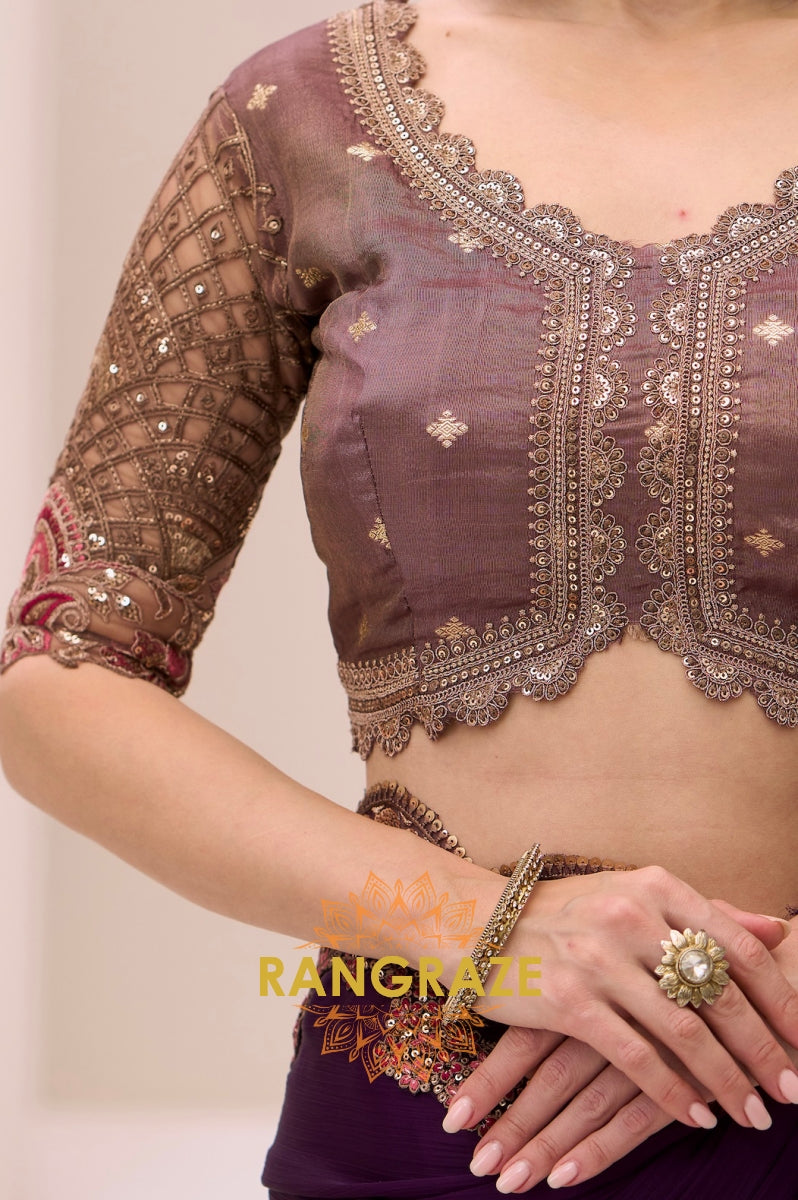 Royal Purple Satin Chiffon Silk Embroidered Saree with Designer Blouse