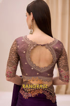 Royal Purple Satin Chiffon Silk Embroidered Saree with Designer Blouse