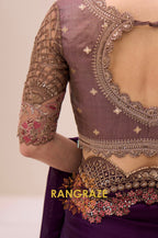 Royal Purple Satin Chiffon Silk Embroidered Saree with Designer Blouse