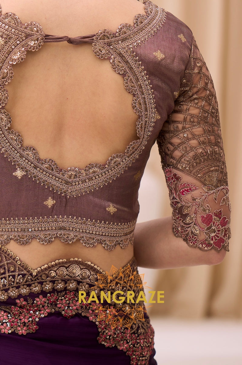 Royal Purple Satin Chiffon Silk Embroidered Saree with Designer Blouse