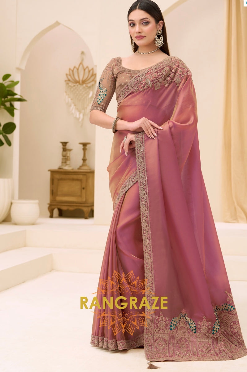 Dusty Rose Premium Georgette Tissue Embroidered Saree