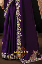 Purple Satin Silk Sequin Embroidered Saree with Contrast Designer Blouse