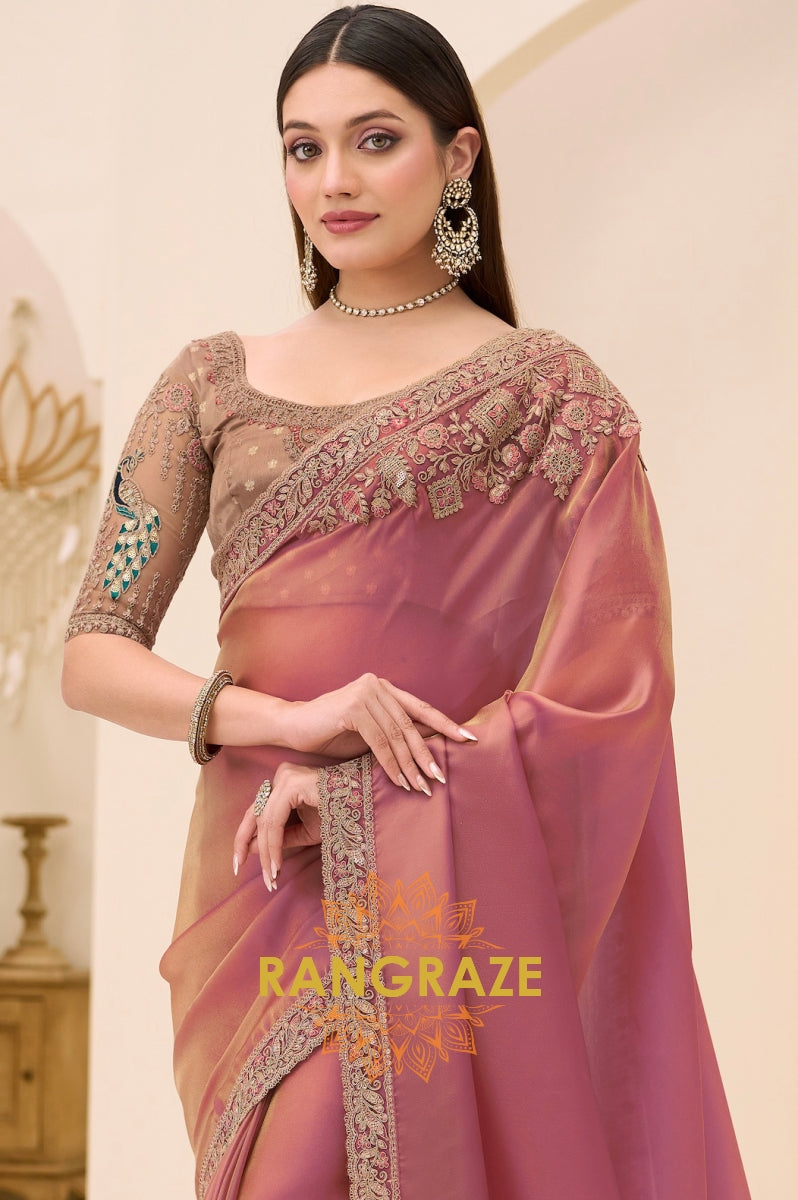 Dusty Rose Premium Georgette Tissue Embroidered Saree