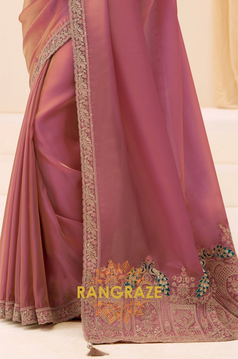 Dusty Rose Premium Georgette Tissue Embroidered Saree