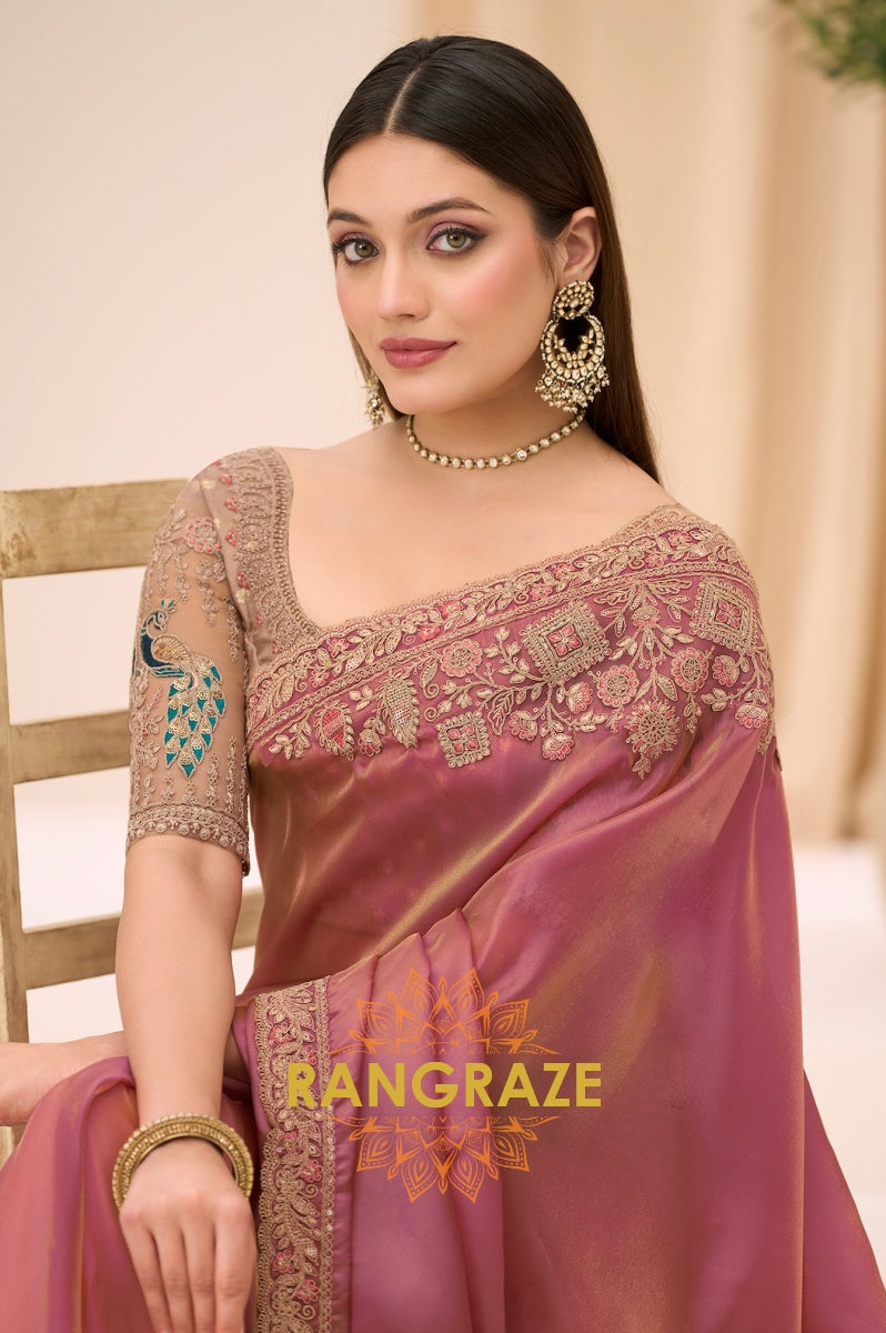 Dusty Rose Premium Georgette Tissue Embroidered Saree