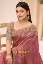 Dusty Rose Premium Georgette Tissue Embroidered Saree