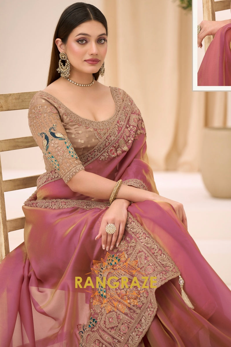 Dusty Rose Premium Georgette Tissue Embroidered Saree