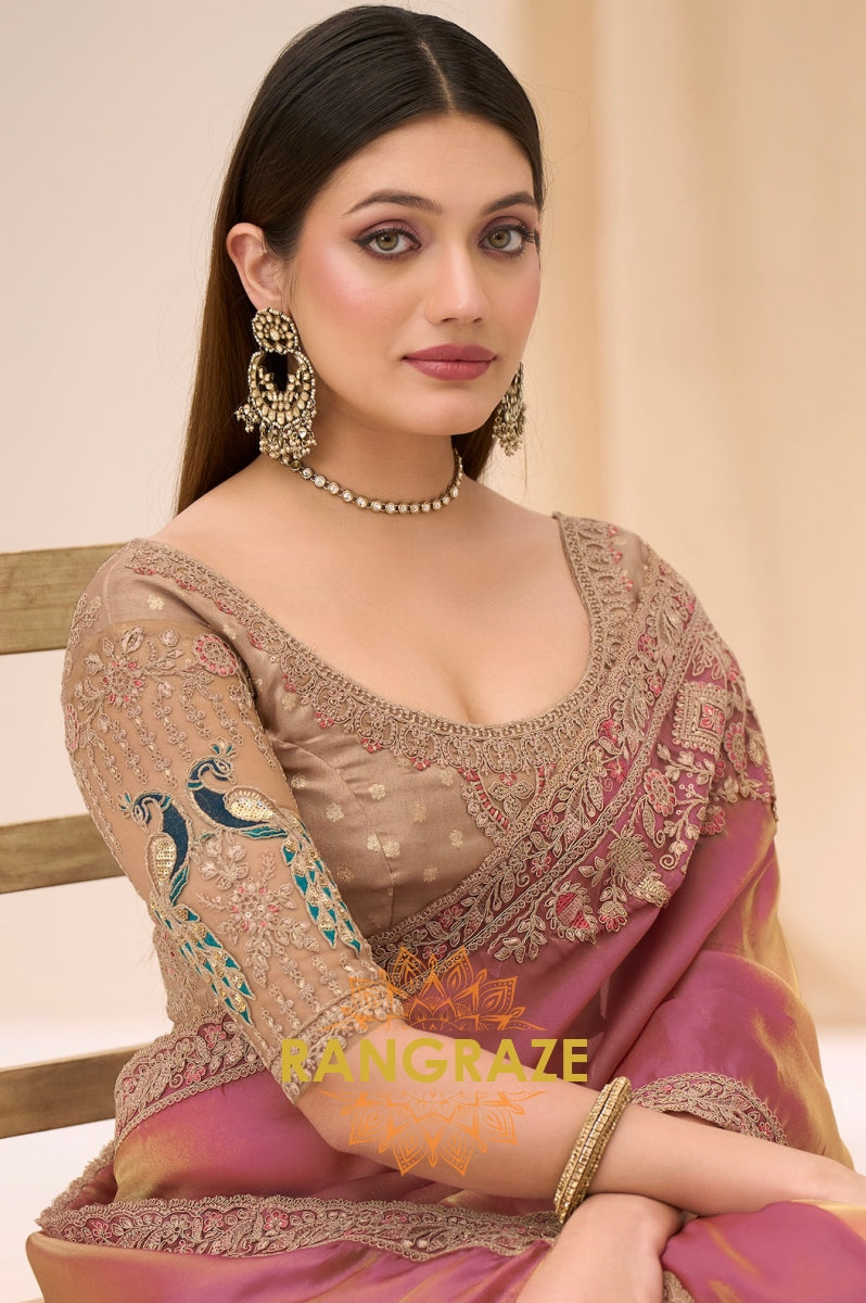 Dusty Rose Premium Georgette Tissue Embroidered Saree